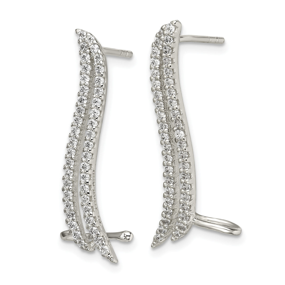 Sterling Silver Ear Climber Earrings with Cubic Zirconia, Wave Shape, Modern Minimalist Design