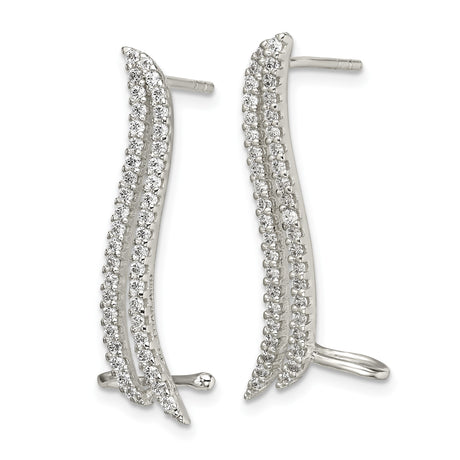 Sterling Silver Ear Climber Earrings with Cubic Zirconia, Wave Shape, Modern Minimalist Design