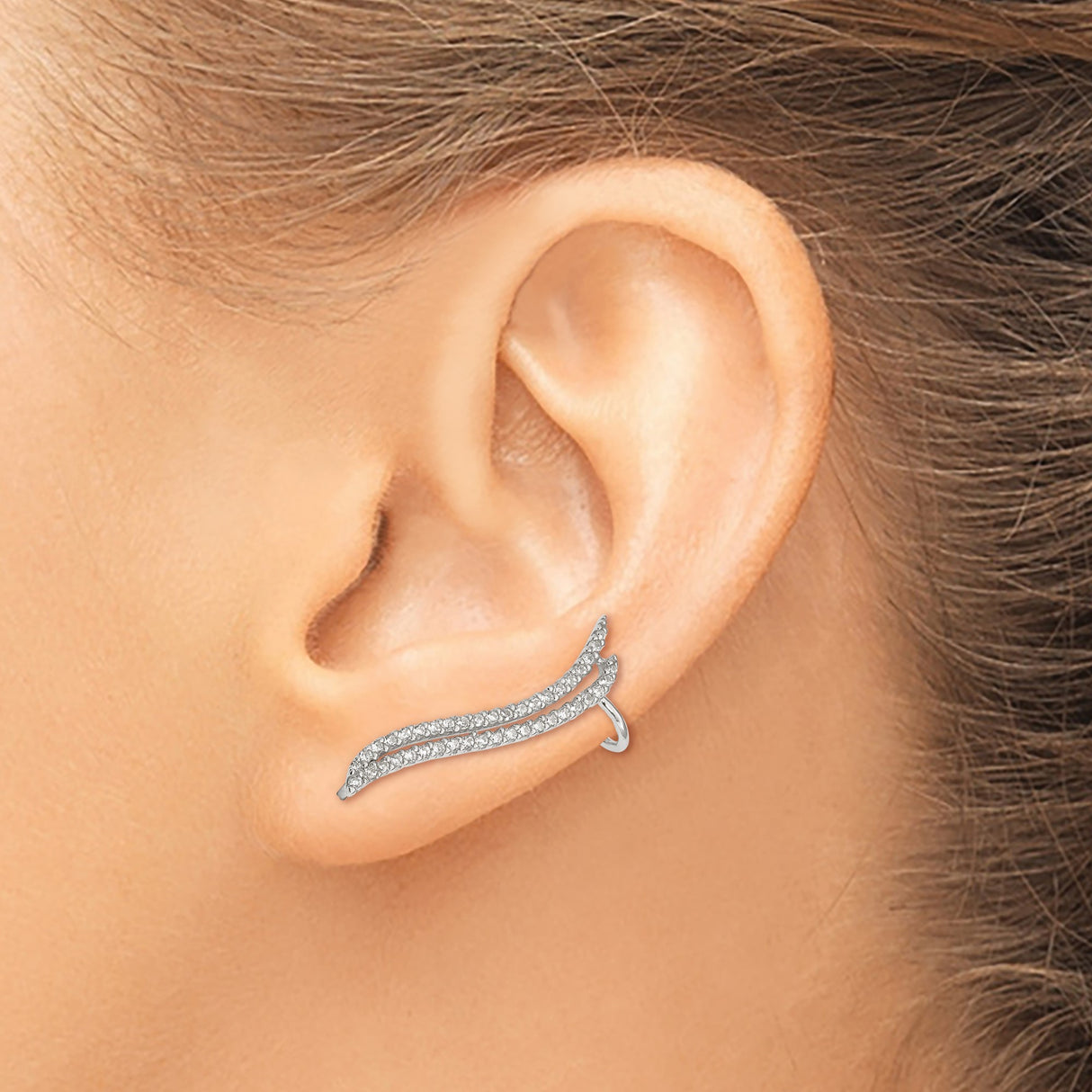 Sterling Silver Ear Climber Earrings with Cubic Zirconia, Wave Shape, Modern Minimalist Design