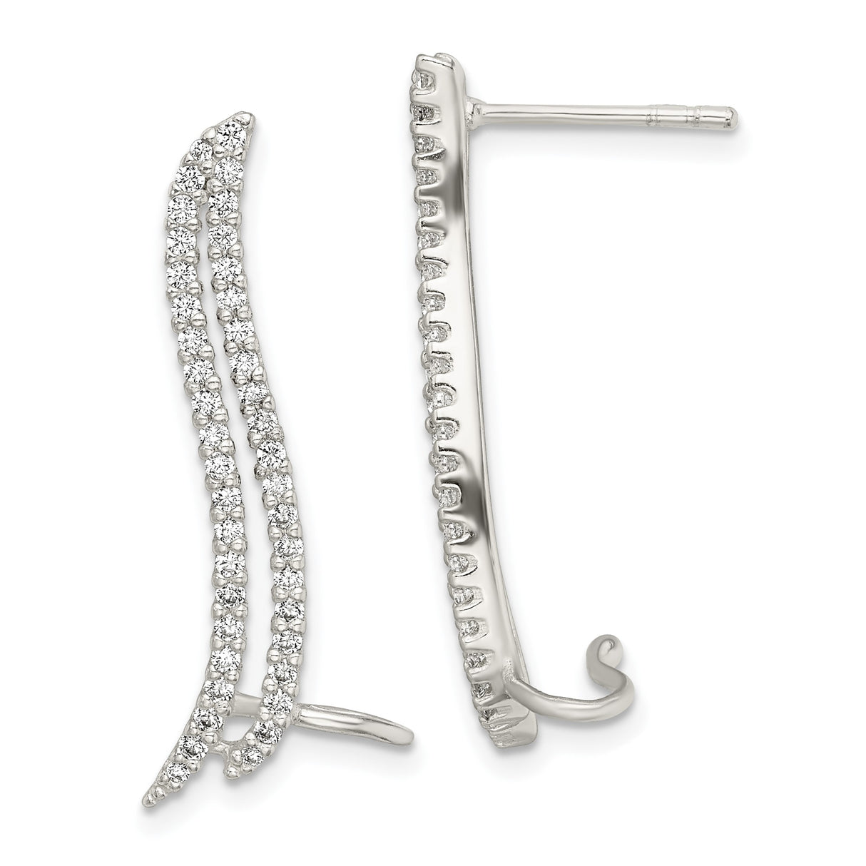 Sterling Silver Ear Climber Earrings with Cubic Zirconia, Wave Shape, Modern Minimalist Design