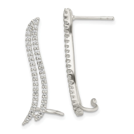 Sterling Silver Ear Climber Earrings with Cubic Zirconia, Wave Shape, Modern Minimalist Design
