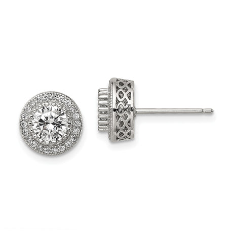 Sterling Silver Halo Stud Earrings with Round Cut Cubic Zirconia and Filigree Detail