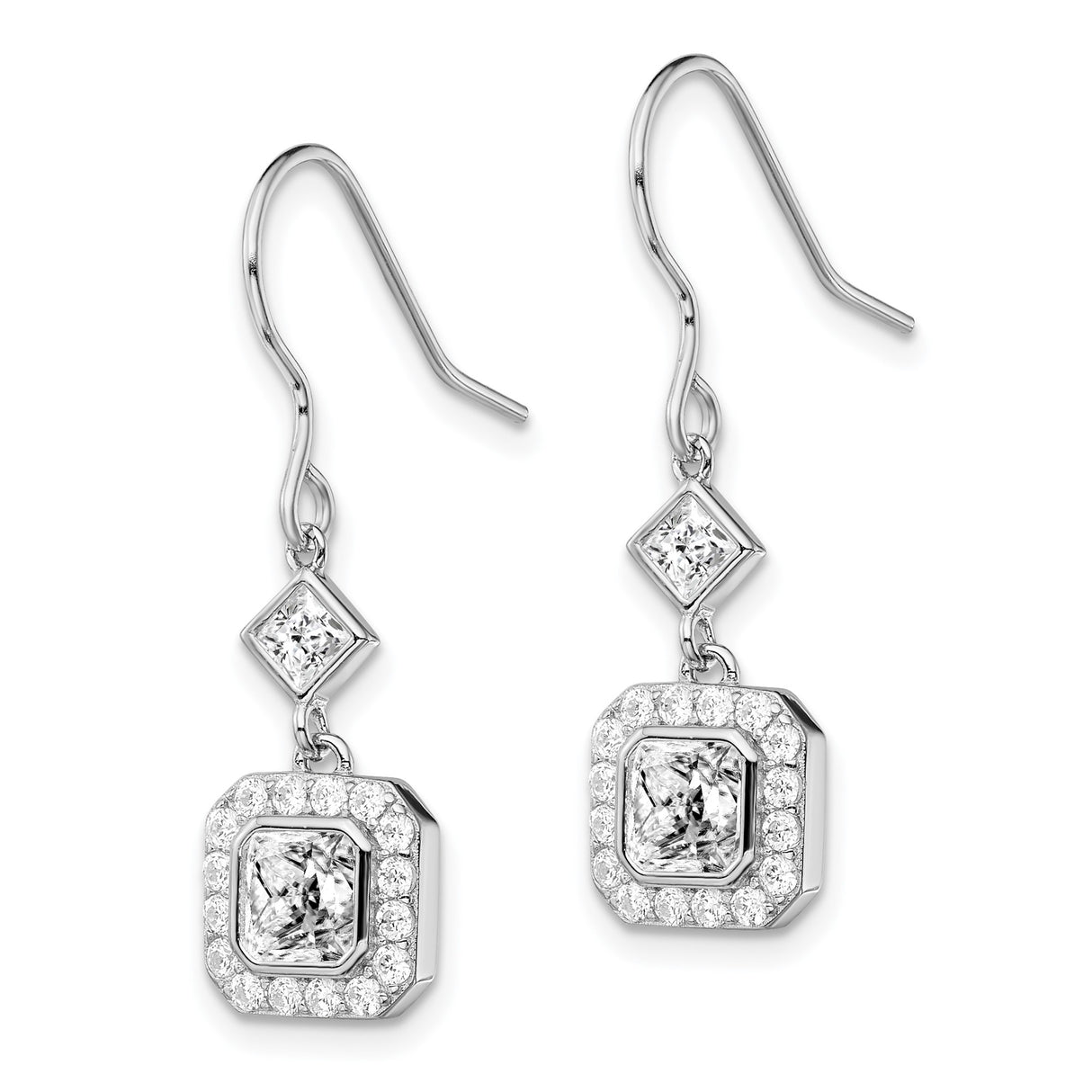 Sterling Silver Dangle Earrings with Square Cut Cubic Zirconia in Halo Setting