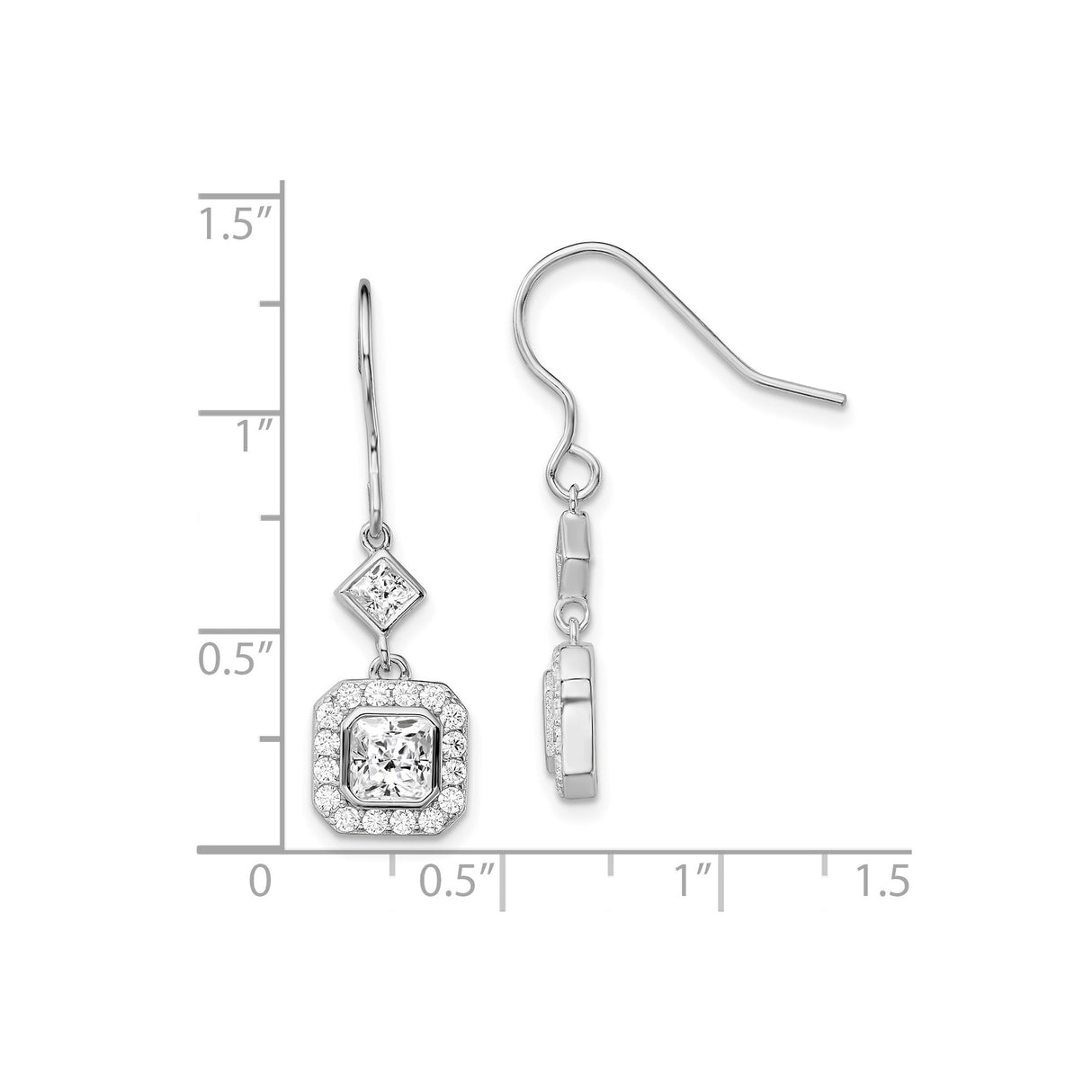Sterling Silver Dangle Earrings with Square Cut Cubic Zirconia in Halo Setting