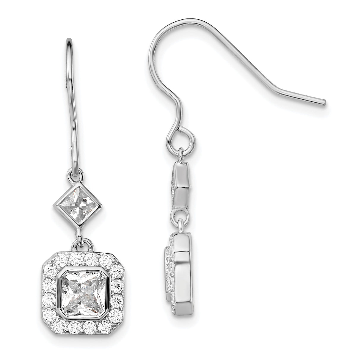 Sterling Silver Dangle Earrings with Square Cut Cubic Zirconia in Halo Setting