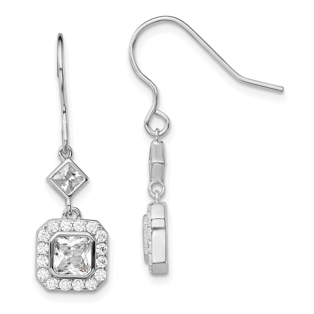 Sterling Silver Dangle Earrings with Square Cut Cubic Zirconia in Halo Setting