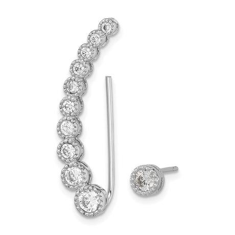 Sterling Silver Ear Climber Earrings with Graduated Cubic Zirconia, Modern Linear Design