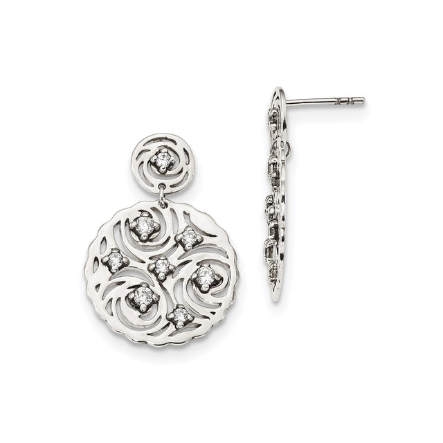 Sterling Silver Drop Earrings with Cubic Zirconia, Open Swirl and Floral Cluster Design