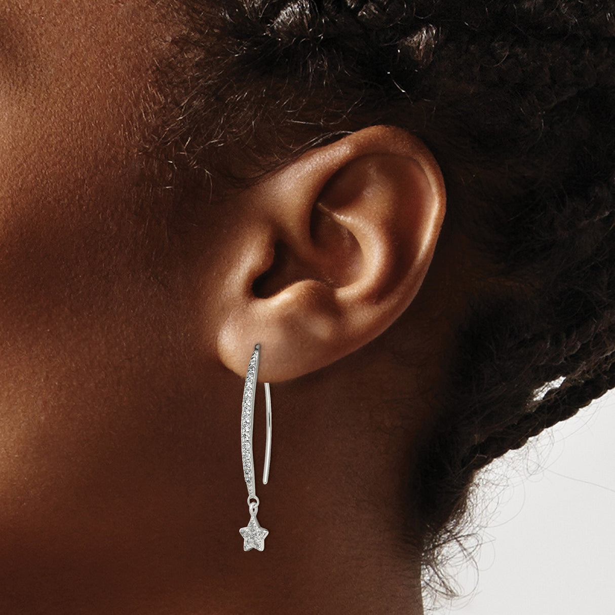 Sterling Silver Star Drop Earrings with Cubic Zirconia, Curved Hook, Celestial Design