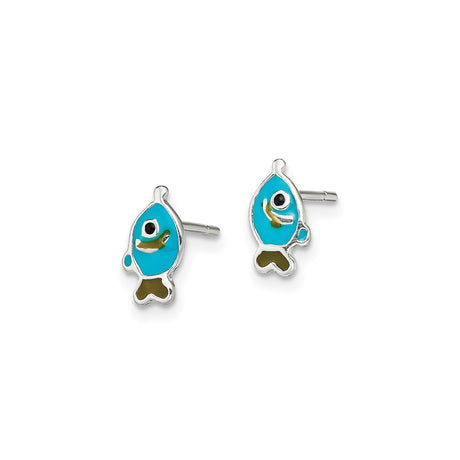 Sterling Silver Fish Stud Earrings with Blue and Green Enamel, Small Animal Design