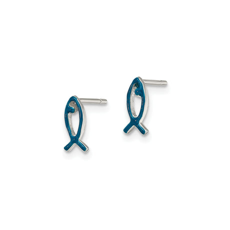 Sterling Silver Ichthys Stud Earrings With Blue Enamel Fish