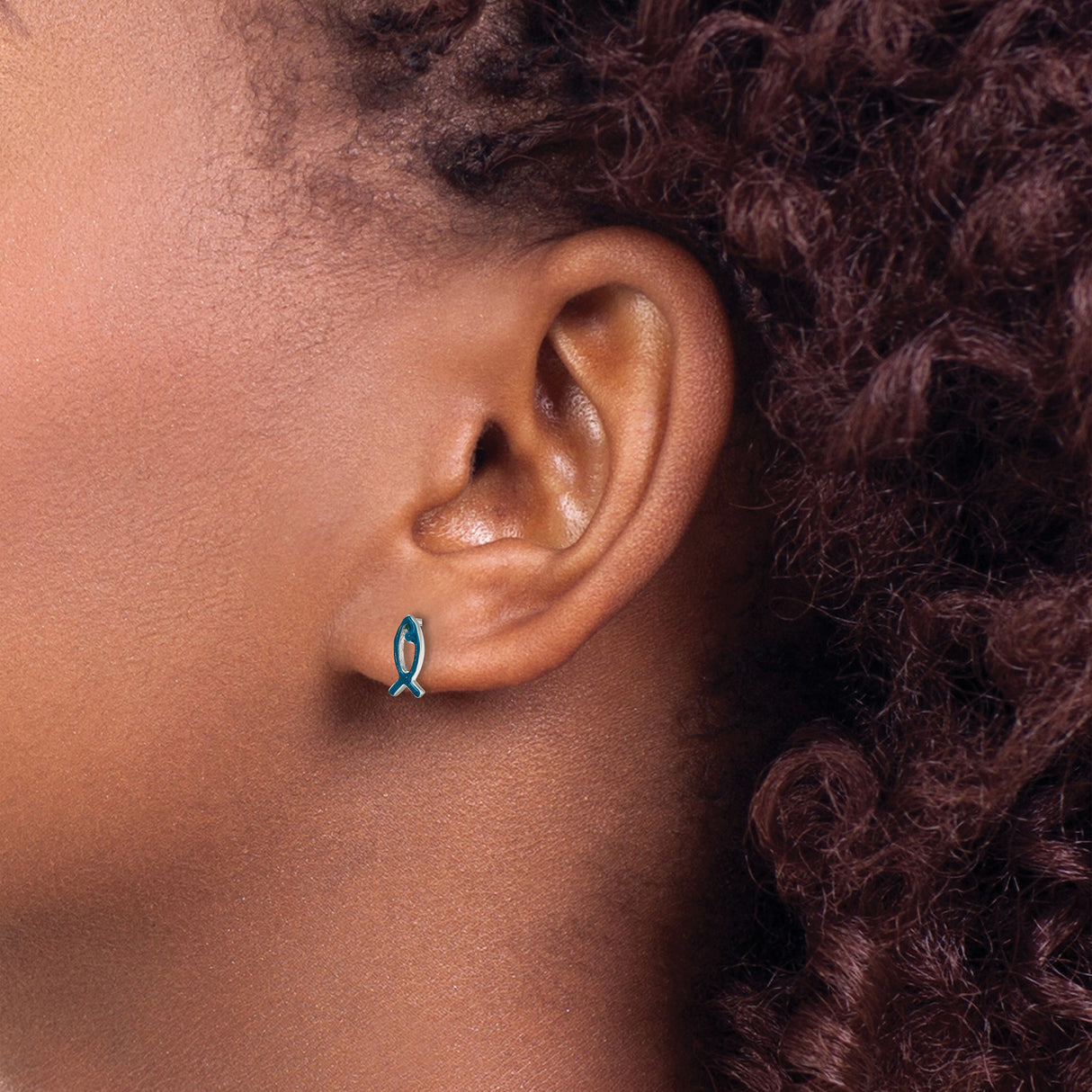 Sterling Silver Ichthys Stud Earrings With Blue Enamel Fish