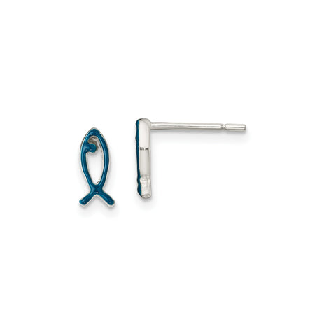 Sterling Silver Ichthys Stud Earrings with Blue Enamel Fish Symbol, Christian Faith Jewelry for Women or Unisex Wear, Religious Silver Studs for Subtle Spiritual Expression and Everyday Belief