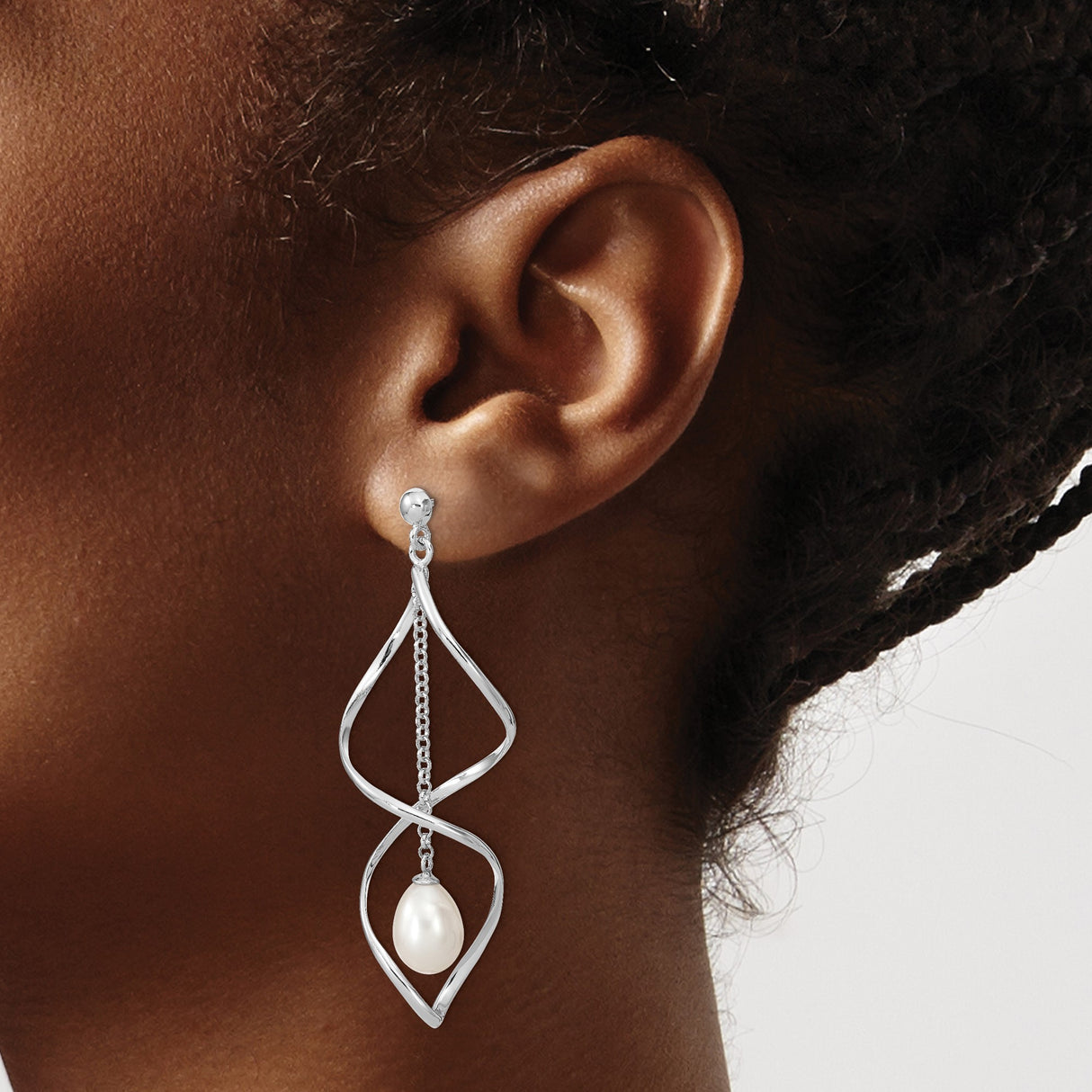 Sterling Silver Teardrop Dangle Earrings with Floating Freshwater Pearls, Twisted Open Curve Design