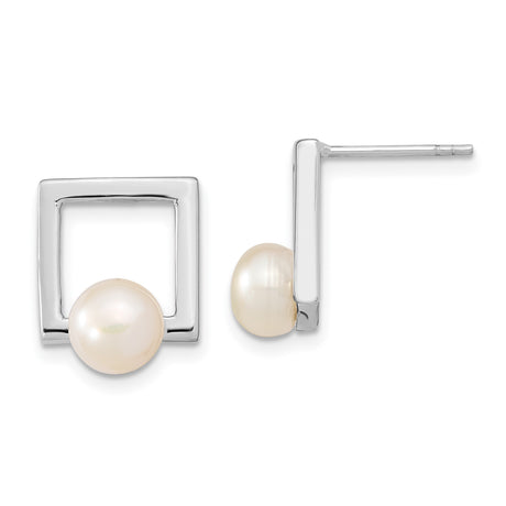 Sterling Silver Stud Earrings with White Freshwater Cultured Pearls, Modern Open Square Design, Minimalist Geometric Jewelry for Women, Elegant Everyday Wear, Lightweight Contemporary Style