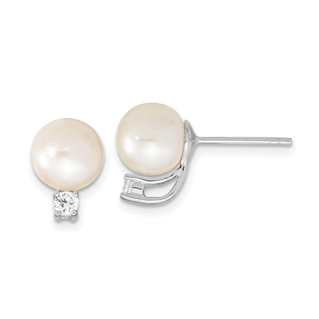Sterling Silver Pearl Stud Earrings with Cubic Zirconia Accents, Classic Bridal Jewelry for Women