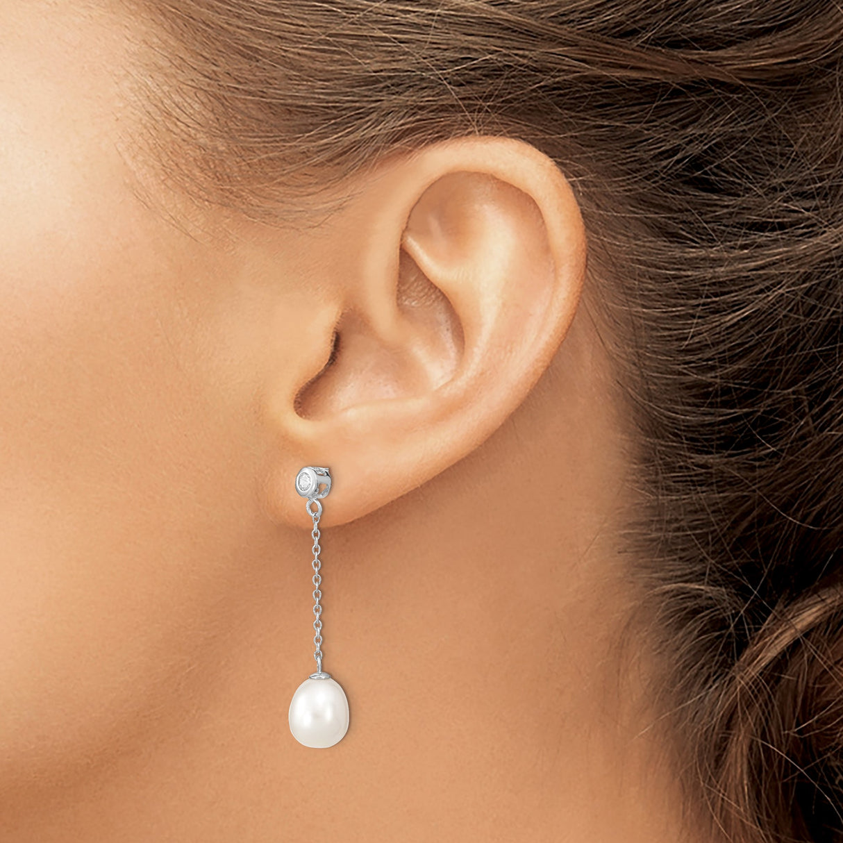Sterling Silver Drop Earrings with Freshwater Pearls and Cubic Zirconia, Long Dangle Design