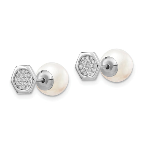 Sterling Silver Pearl Stud Earrings with Hexagon Cubic Zirconia Cluster, Reversible Bridal Style