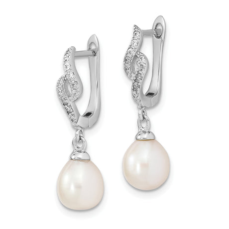 Sterling Silver Drop Earrings with Teardrop Freshwater Pearls and Cubic Zirconia, Twisted Design