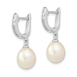 Sterling Silver Dangle Hoop Earrings with White Freshwater Cultured Pearl and Cubic Zirconia