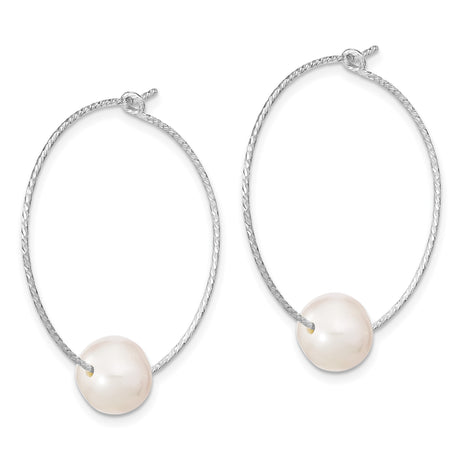 Sterling Silver Pearl Dangle Earrings with Textured Wire Hoops for Women