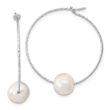 Sterling Silver Pearl Dangle Earrings with Textured Wire Hoops for Women