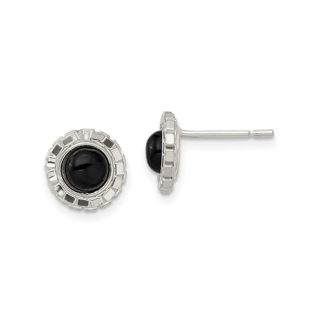 Sterling Silver Stud Earrings with Round Black Onyx, Geometric Bezel Setting, Modern Minimalist Design