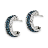 Sterling Silver Hoop Earrings with Triple Row Blue and White Crystals, Modern Round Cut Design
