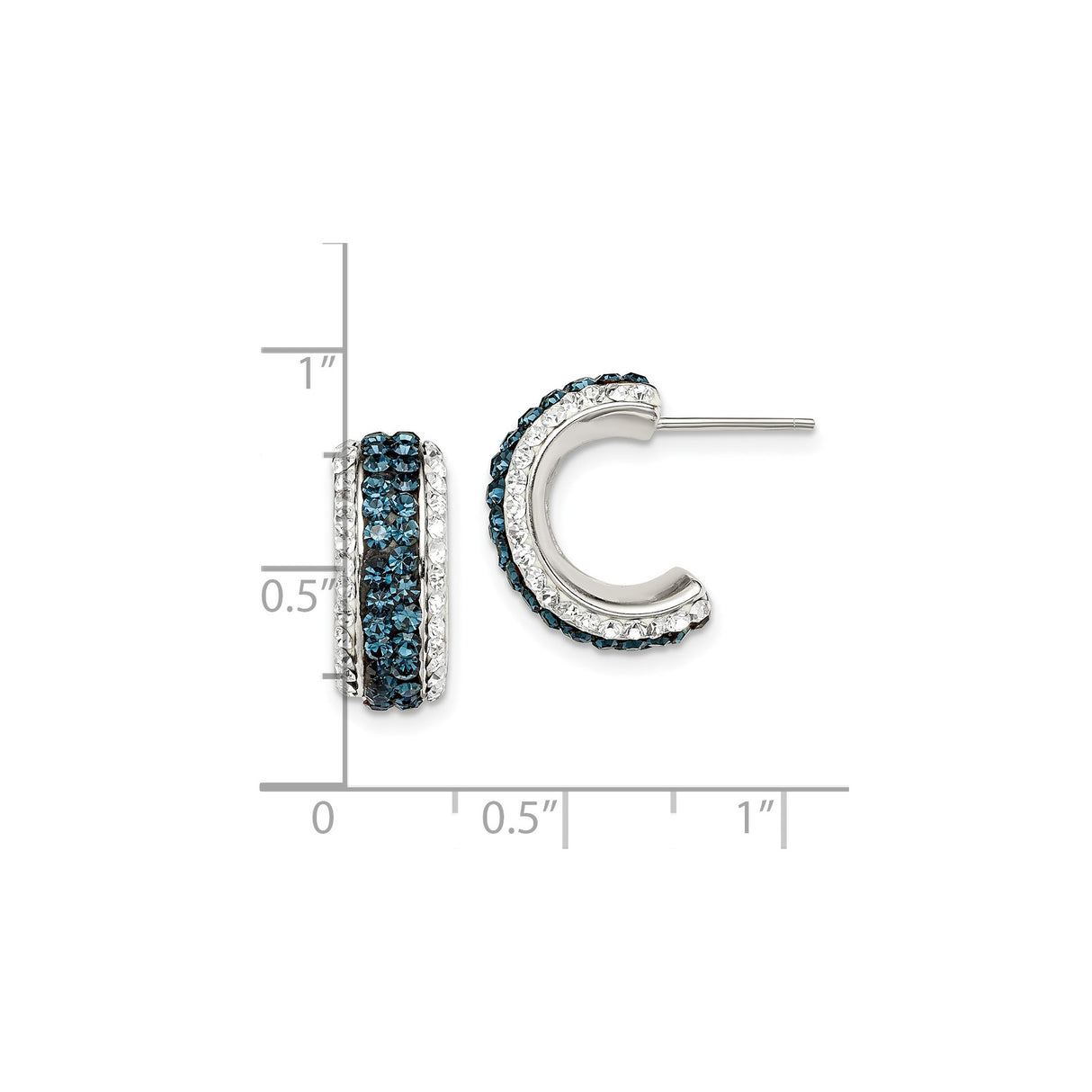 Sterling Silver Hoop Earrings with Triple Row Blue and White Crystals, Modern Round Cut Design