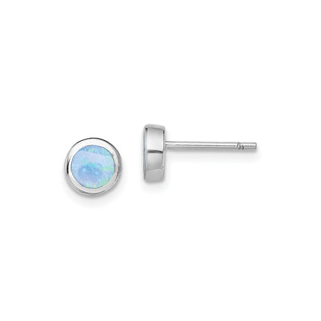 Sterling Silver Stud Earrings with Bezel Set Created Blue Opal, Minimalist Round Design