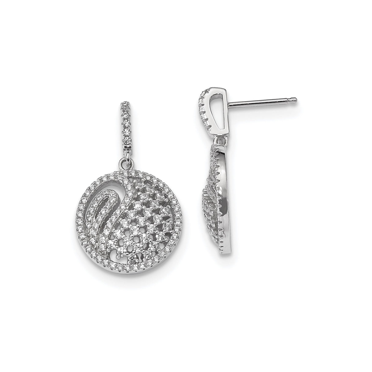 Sterling Silver Drop Earrings with Cubic Zirconia, Swirl Design and Abstract Detailing