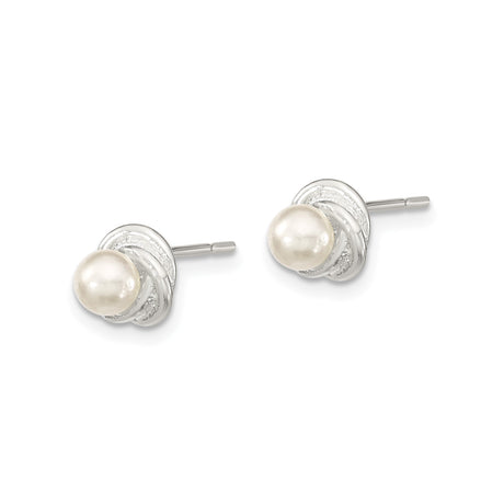 Sterling Silver Stud Earrings with Simulated Pearl, Love Knot Design