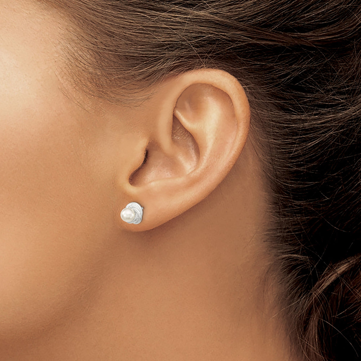 Sterling Silver Stud Earrings with Simulated Pearl, Love Knot Design