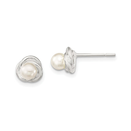 Sterling Silver Stud Earrings with Simulated Pearl, Love Knot Design
