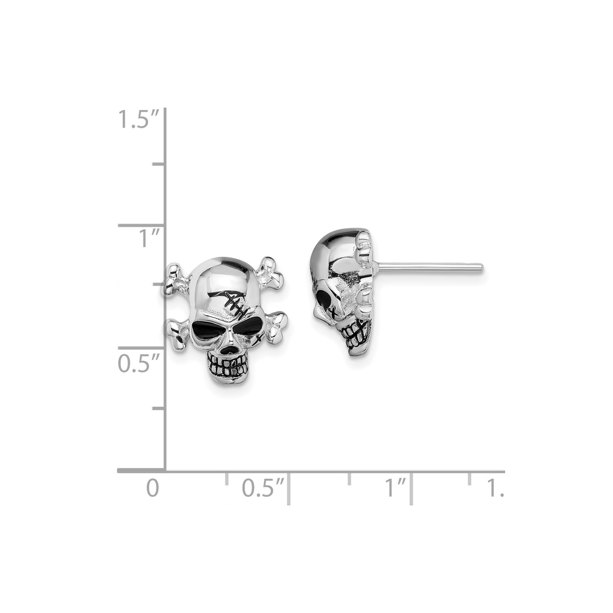 Sterling Silver Skull and Crossbones Stud Earrings with Black Accents and Scar Detail