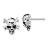 Sterling Silver Skull and Crossbones Stud Earrings with Black Accents and Scar Detail