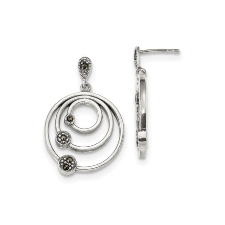 Sterling Silver Drop Earrings with Triple Spiral Circles and Marcasite Accents, Boho Geometric Design