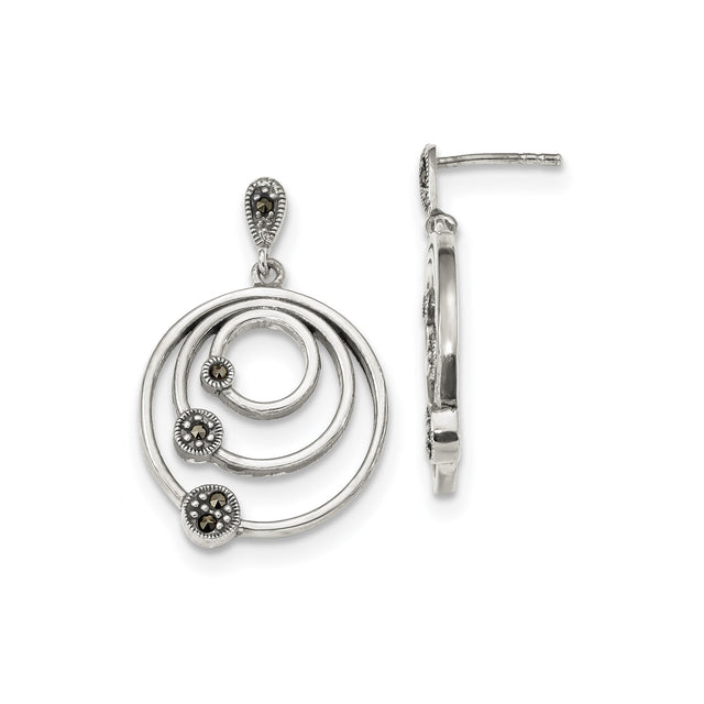 Sterling Silver Drop Earrings with Triple Spiral Circles and Marcasite Accents, Boho Geometric Design