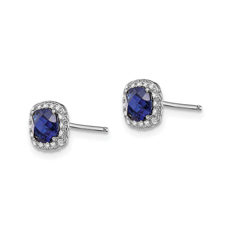Sterling Silver Stud Earrings with Cushion Cut Created Blue Sapphires and Halo Design