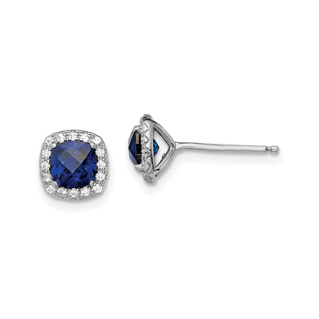 Sterling Silver Stud Earrings with Cushion Cut Created Blue Sapphires and Halo Design