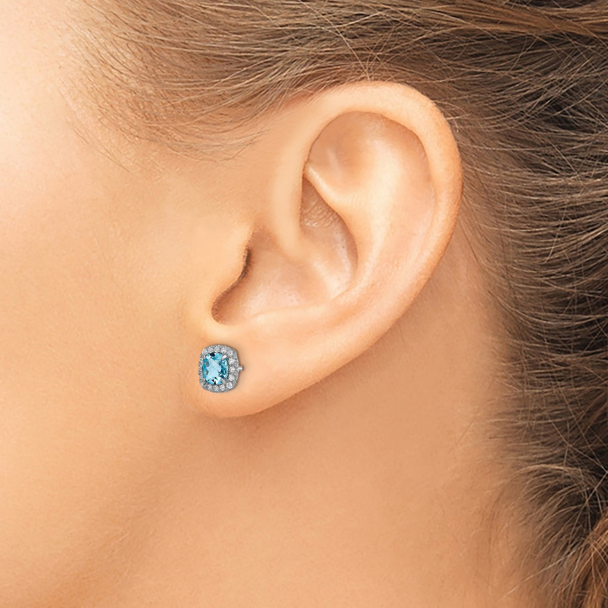 Sterling Silver Stud Earrings with Swiss Blue Topaz and Sapphire, Cushion Cut Halo Design