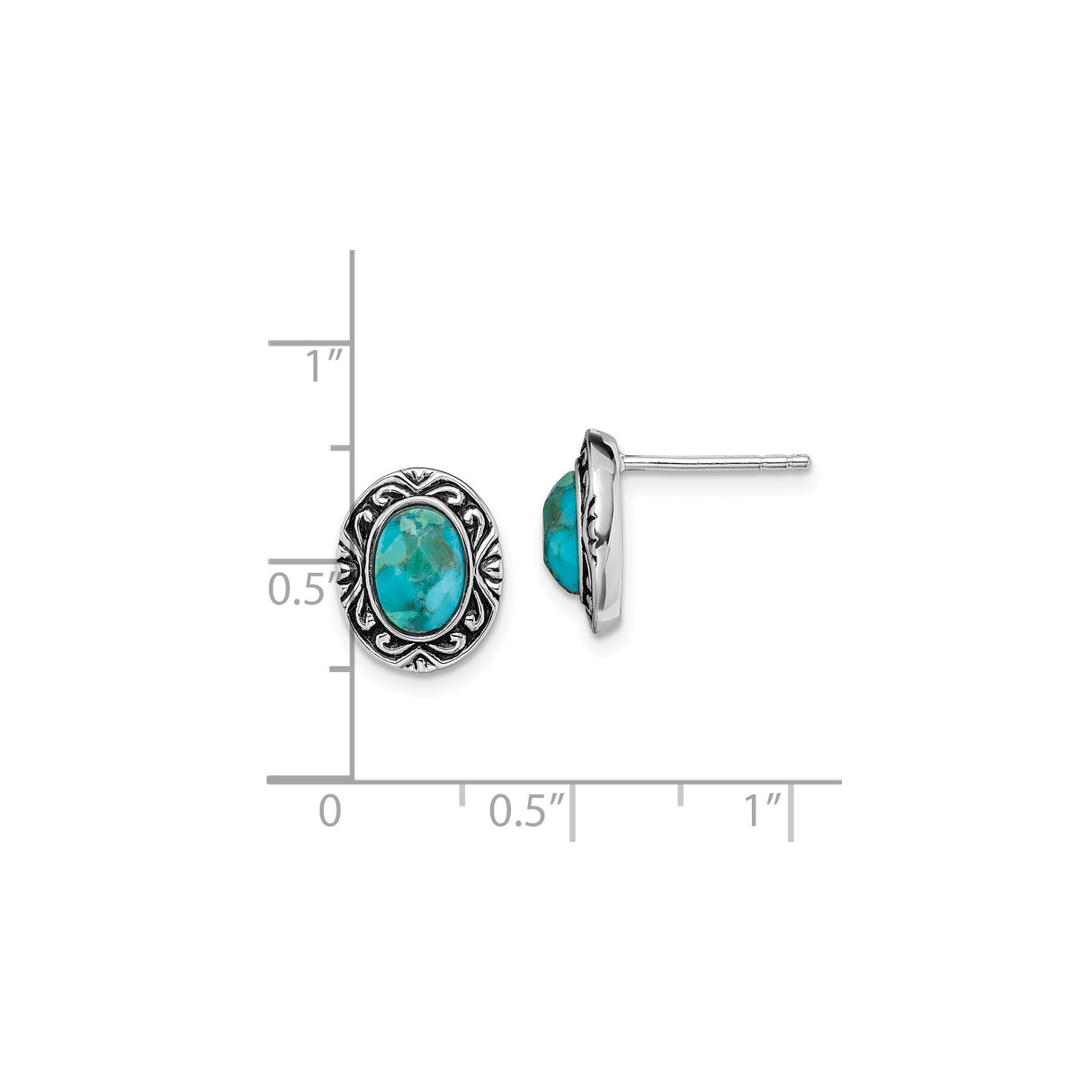 Sterling Silver Turquoise Stud Earrings with Oval Stones, Scrollwork Border, Boho Southwestern Style