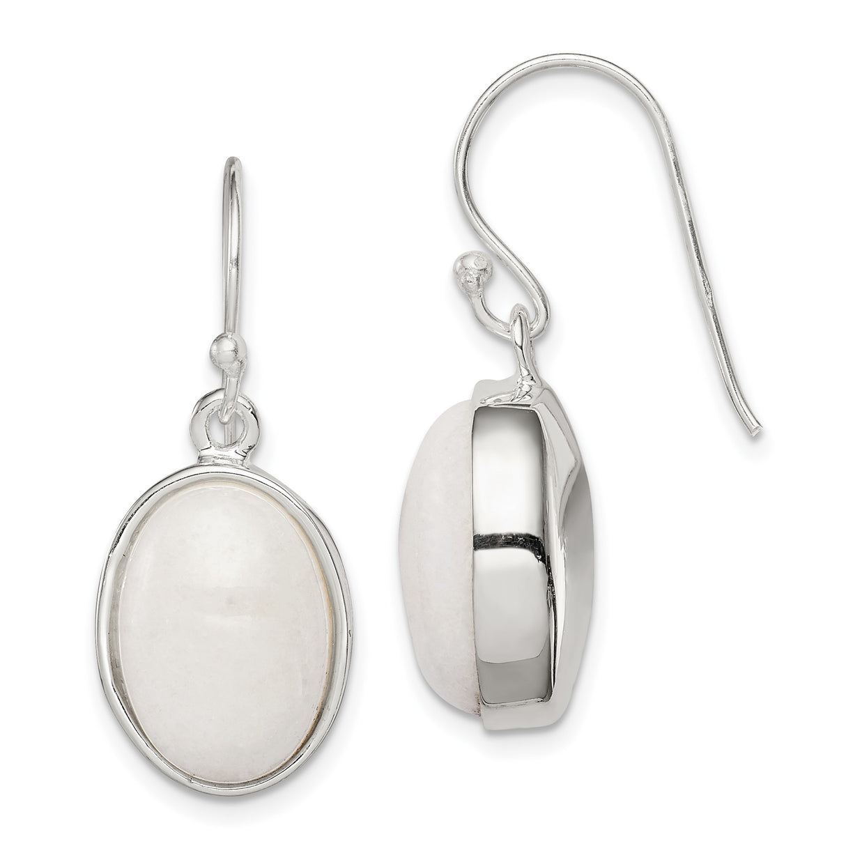 Sterling Silver Drop Earrings with White Jade, Bezel Set Minimalist Design