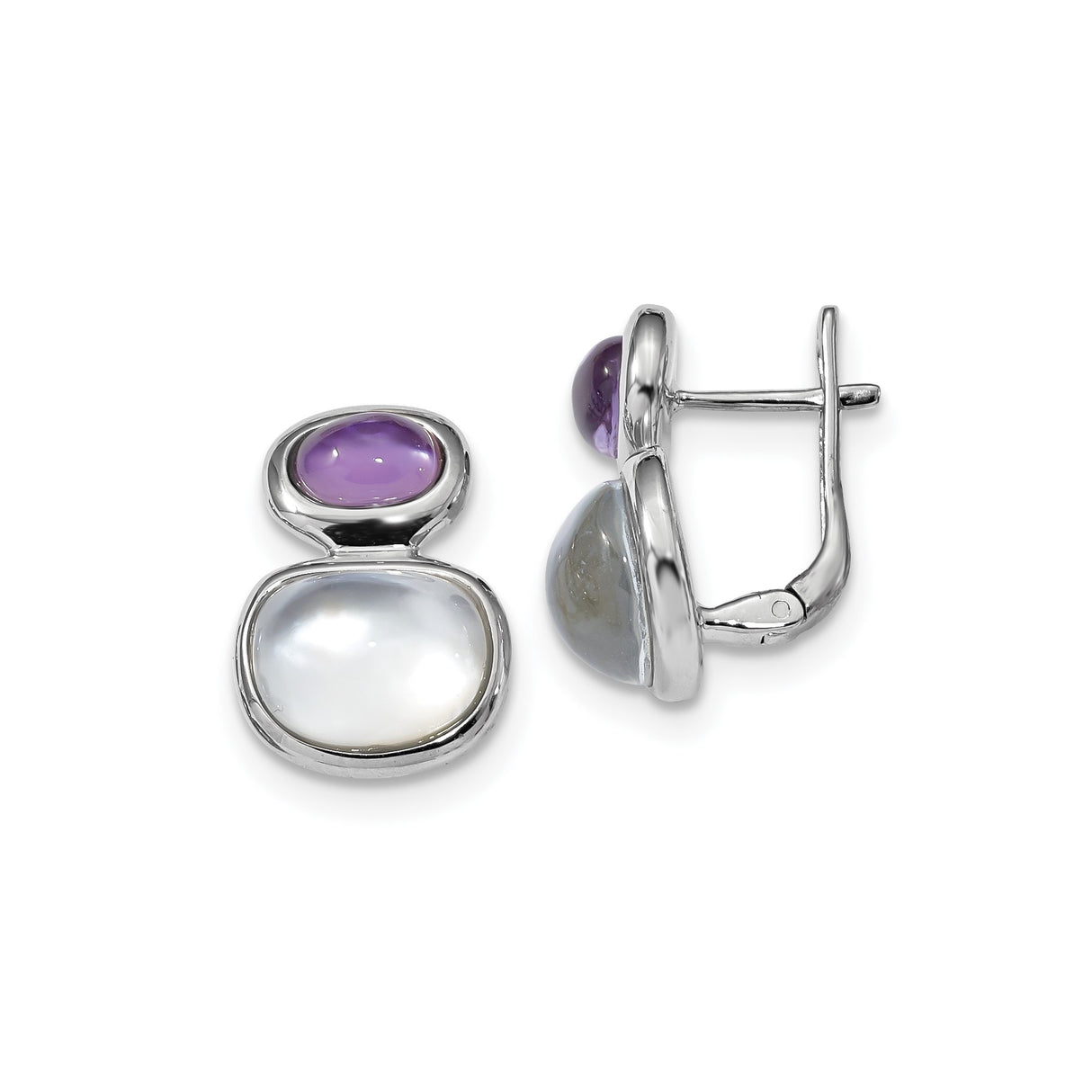 Sterling Silver Dangle Earrings with Amethyst and Mother of Pearl, Double Stone Design for Women