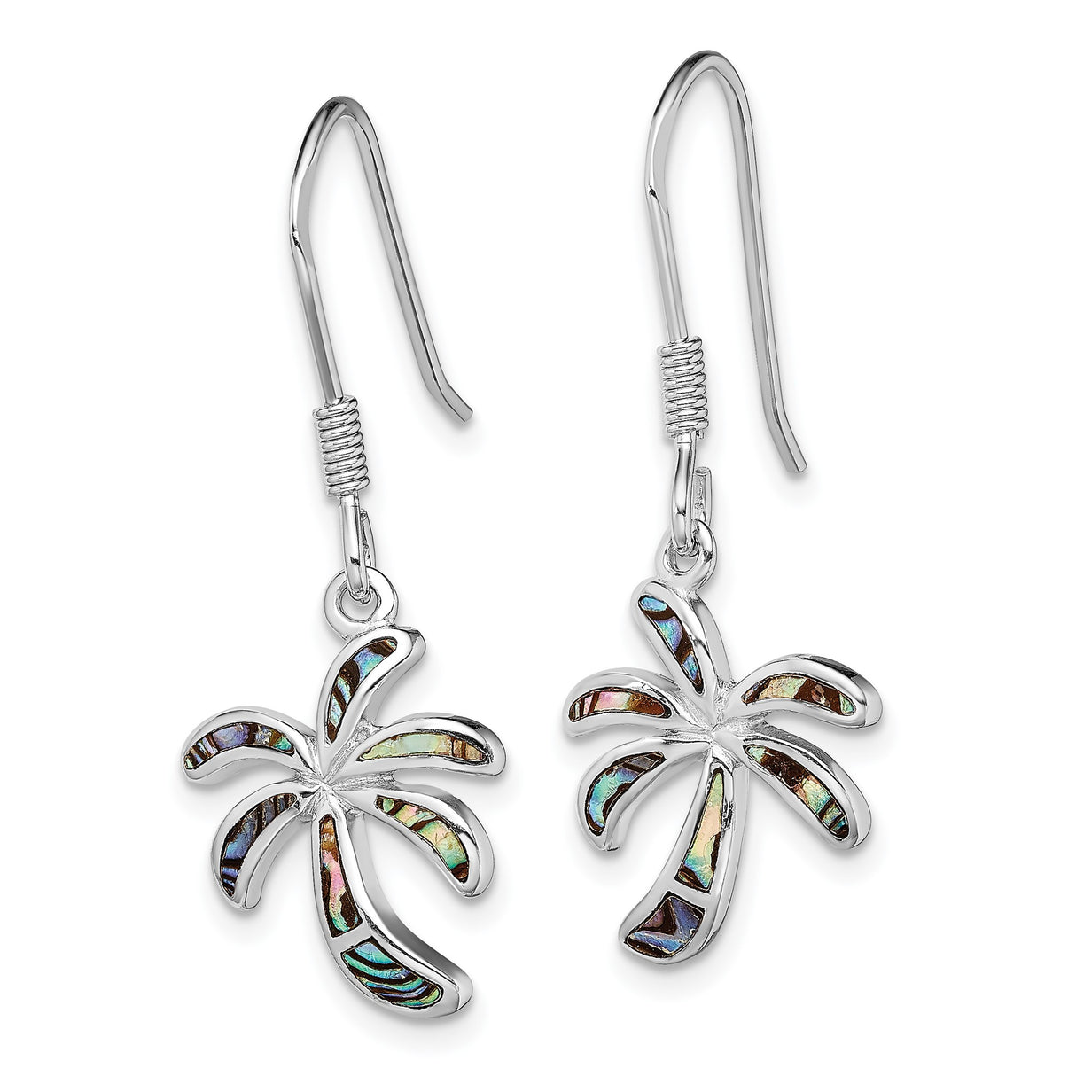 Sterling Silver Dangle Earrings with Abalone Shell, Palm Tree Design, Tropical Boho Style