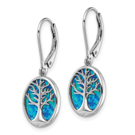 Sterling Silver Dangle Earrings with Created Opal, Tree of Life Design, Nature Inspired