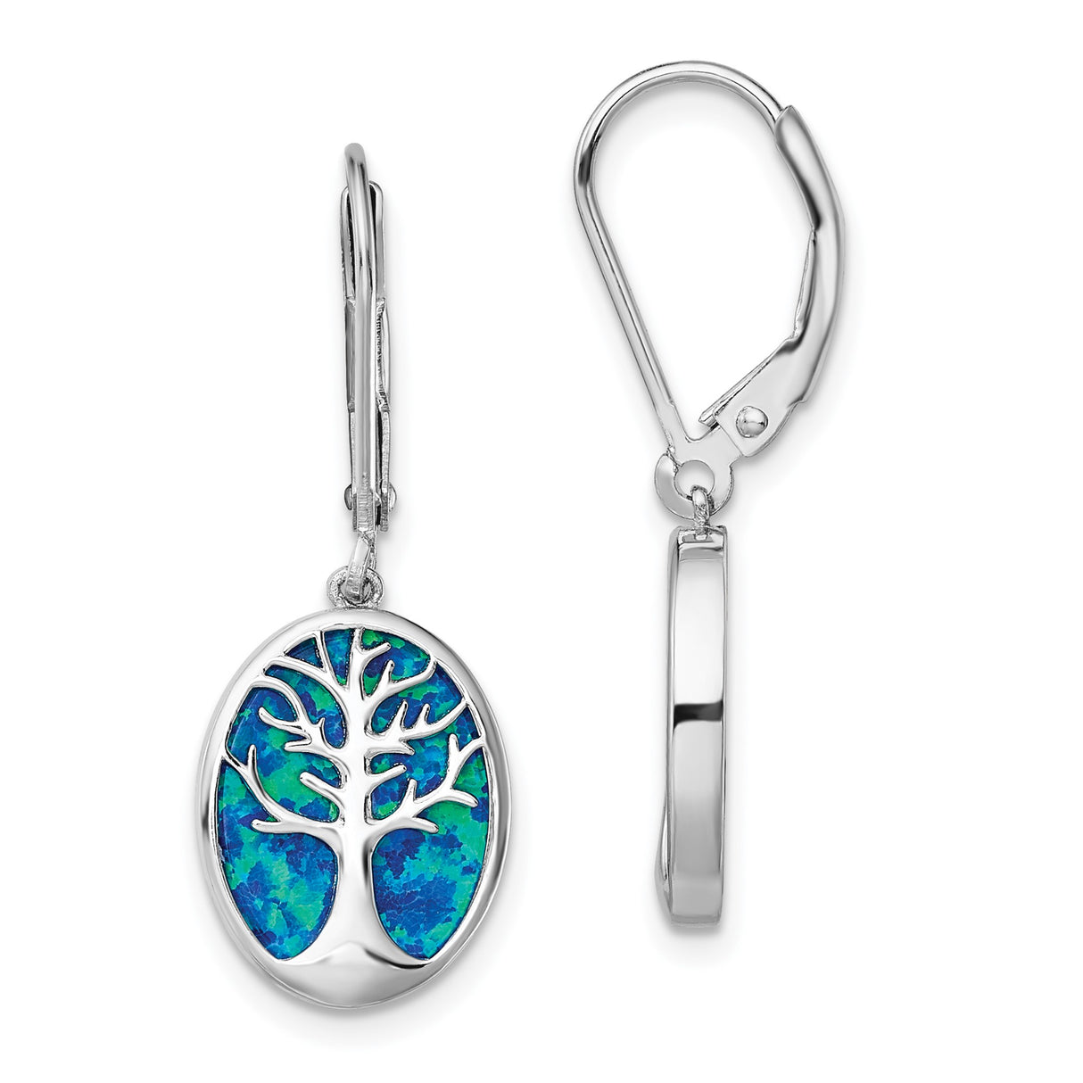 Sterling Silver Dangle Earrings with Created Opal, Tree of Life Design, Nature Inspired