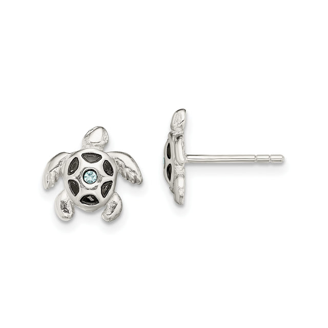 Sterling Silver Turtle Stud Earrings for Women or Girls with Black Shell Detail and Small Blue Gemstone Center, Sea Turtle Jewelry for Ocean Lovers, Marine Life Coastal Animal Earrings