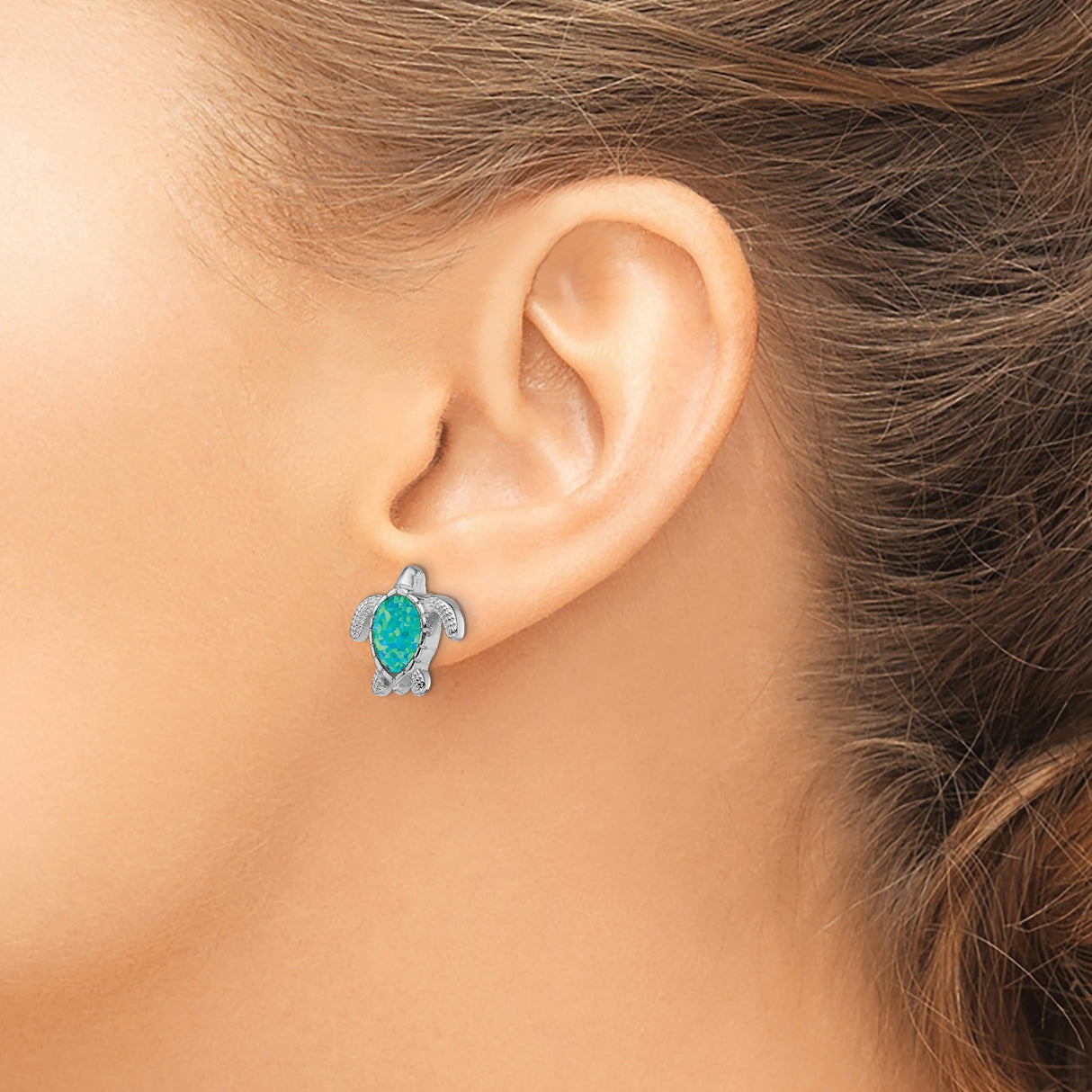 Sterling Silver Sea Turtle Stud Earrings with Created Opal Inlay, Nautical Theme Jewelry