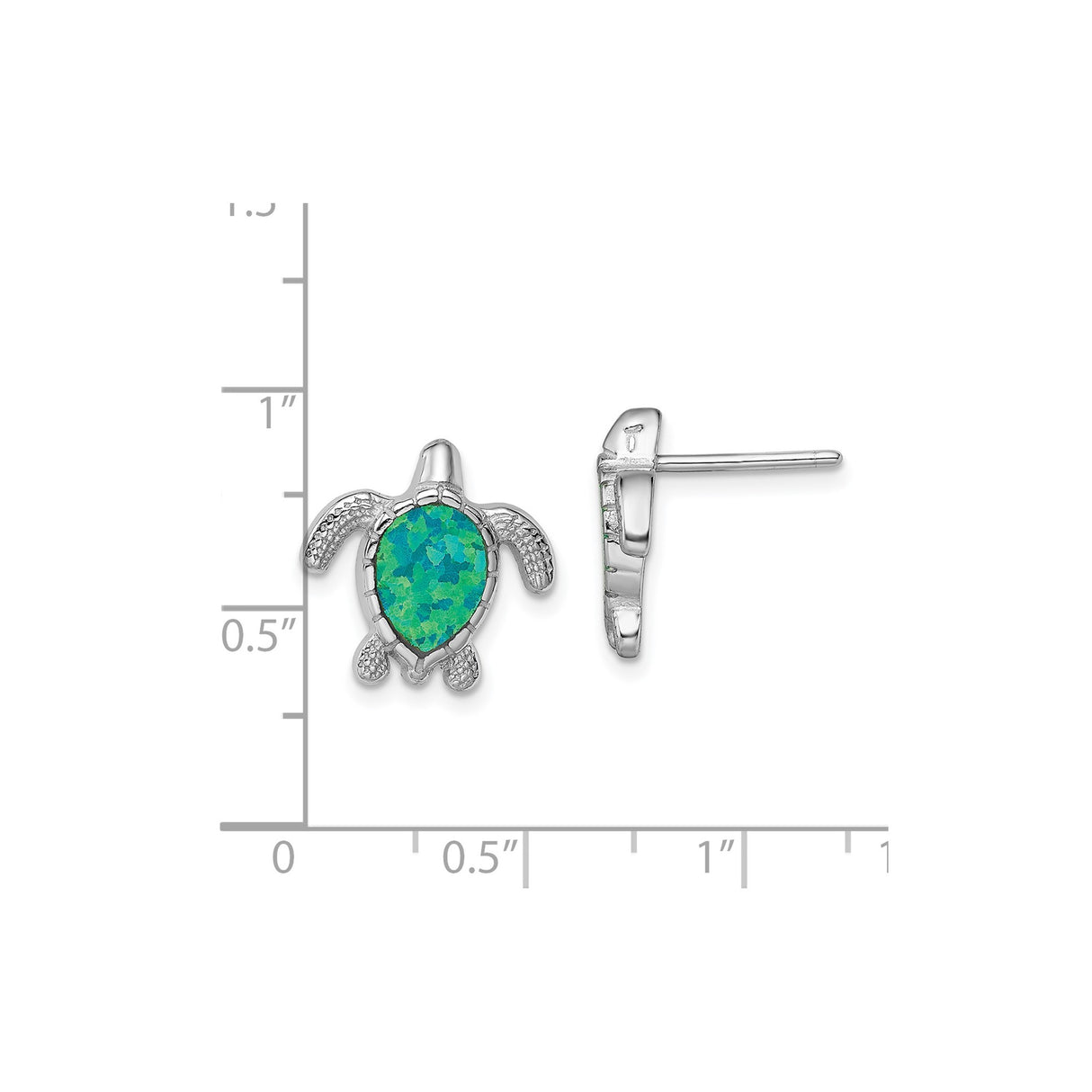 Sterling Silver Sea Turtle Stud Earrings with Created Opal Inlay, Nautical Theme Jewelry